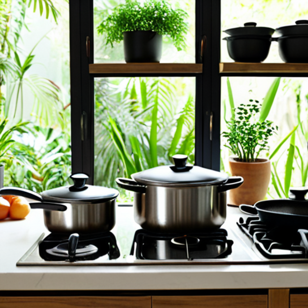 ** A modern Malaysian kitchen showcasing a variety of eco-friendly cookware. Focus on cast iron, stainless steel, and ceramic pots and pans, highlighting their aesthetic appeal and functionality. Include natural light and greenery to emphasize the "green" aspect.
**