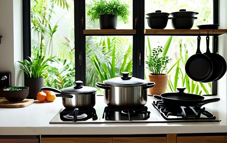 ** A modern Malaysian kitchen showcasing a variety of eco-friendly cookware. Focus on cast iron, stainless steel, and ceramic pots and pans, highlighting their aesthetic appeal and functionality. Include natural light and greenery to emphasize the "green" aspect.
**