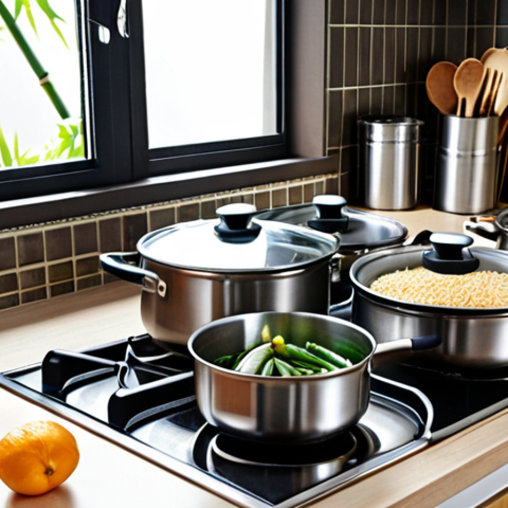 **
A modern Malaysian kitchen showcasing a variety of safe cookware: stainless steel pots and pans, glass containers, and bamboo utensils. The scene emphasizes a clean, healthy cooking environment with natural light.
**
