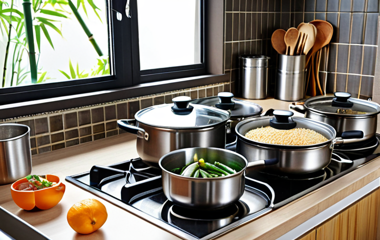 **
A modern Malaysian kitchen showcasing a variety of safe cookware: stainless steel pots and pans, glass containers, and bamboo utensils. The scene emphasizes a clean, healthy cooking environment with natural light.
**