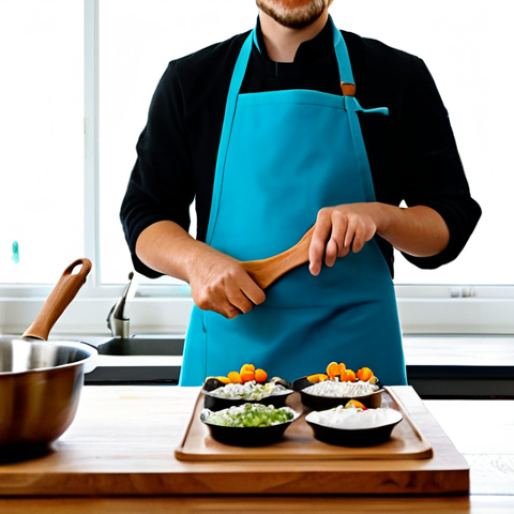 A professional home chef, fully clothed in a modest and practical apron, stands in a brightly lit, modern kitchen. The chef is gently arranging an assortment of eco-friendly kitchen tools on a natural wooden countertop. Visible items include elegant acacia wood spatulas, a set of vibrant, food-grade silicone containers with fresh ingredients inside, and sleek, high-quality stainless steel pots. Soft, natural daylight streams in from a large window, highlighting the textures and clean lines of the kitchenware. The atmosphere is calm and inviting, emphasizing a sustainable lifestyle. Perfect anatomy, correct proportions, natural pose, well-formed hands, proper finger count, natural body proportions. Safe for work, appropriate content, fully clothed, professional, family-friendly, high-resolution photography.