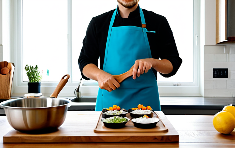 A professional home chef, fully clothed in a modest and practical apron, stands in a brightly lit, modern kitchen. The chef is gently arranging an assortment of eco-friendly kitchen tools on a natural wooden countertop. Visible items include elegant acacia wood spatulas, a set of vibrant, food-grade silicone containers with fresh ingredients inside, and sleek, high-quality stainless steel pots. Soft, natural daylight streams in from a large window, highlighting the textures and clean lines of the kitchenware. The atmosphere is calm and inviting, emphasizing a sustainable lifestyle. Perfect anatomy, correct proportions, natural pose, well-formed hands, proper finger count, natural body proportions. Safe for work, appropriate content, fully clothed, professional, family-friendly, high-resolution photography.