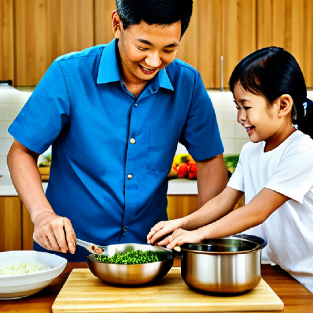 **
A brightly lit, modern Malaysian kitchen with a family preparing a meal together. The mother is stirring a pot on a ceramic cooktop, the father is chopping vegetables on a bamboo cutting board, and their child is helping to mix ingredients in a stainless steel bowl. The kitchen features wooden cabinets and countertops. Everyone is fully clothed in comfortable, modest clothing. Safe for work, appropriate content, family-friendly, professional photography, perfect anatomy, natural proportions, high quality.
**