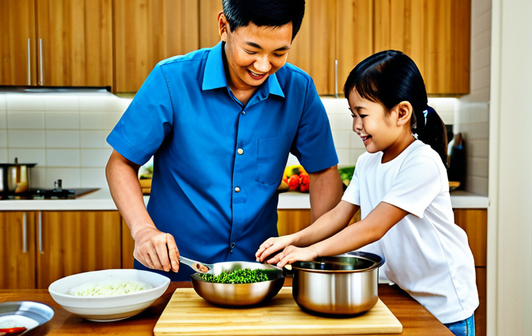 **
A brightly lit, modern Malaysian kitchen with a family preparing a meal together. The mother is stirring a pot on a ceramic cooktop, the father is chopping vegetables on a bamboo cutting board, and their child is helping to mix ingredients in a stainless steel bowl. The kitchen features wooden cabinets and countertops. Everyone is fully clothed in comfortable, modest clothing. Safe for work, appropriate content, family-friendly, professional photography, perfect anatomy, natural proportions, high quality.
**