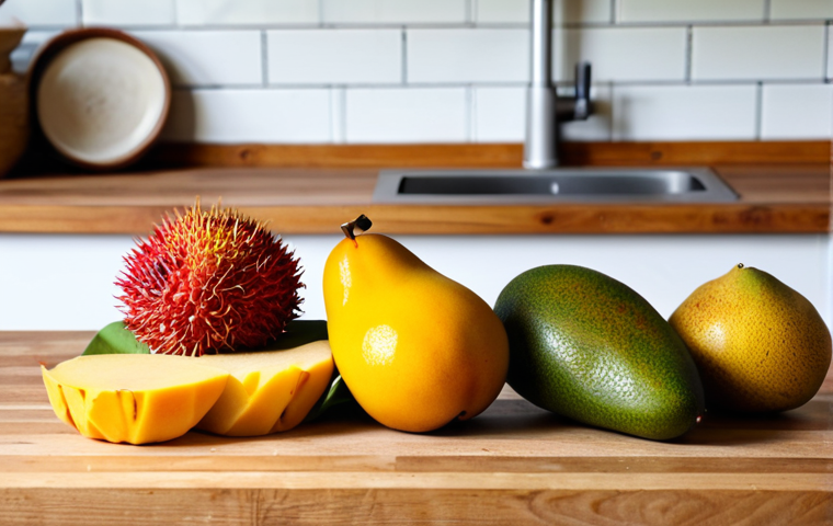 Beeswax Wraps**
"A close-up shot of colorful beeswax wraps covering various fruits (mangoes, starfruit, rambutan) and a loaf of bread on a wooden kitchen counter. The scene is warm and inviting, showcasing a sustainable kitchen. fully clothed, appropriate content, safe for work, perfect anatomy, natural proportions, professional photography, high quality, professional, modest, family-friendly"
**
